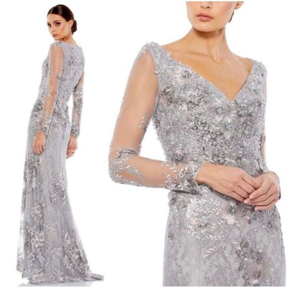 NEW Mac Duggal Embellished V Neck Illusion Long Sleeve Gown Size 14 - Picture 1 of 7
